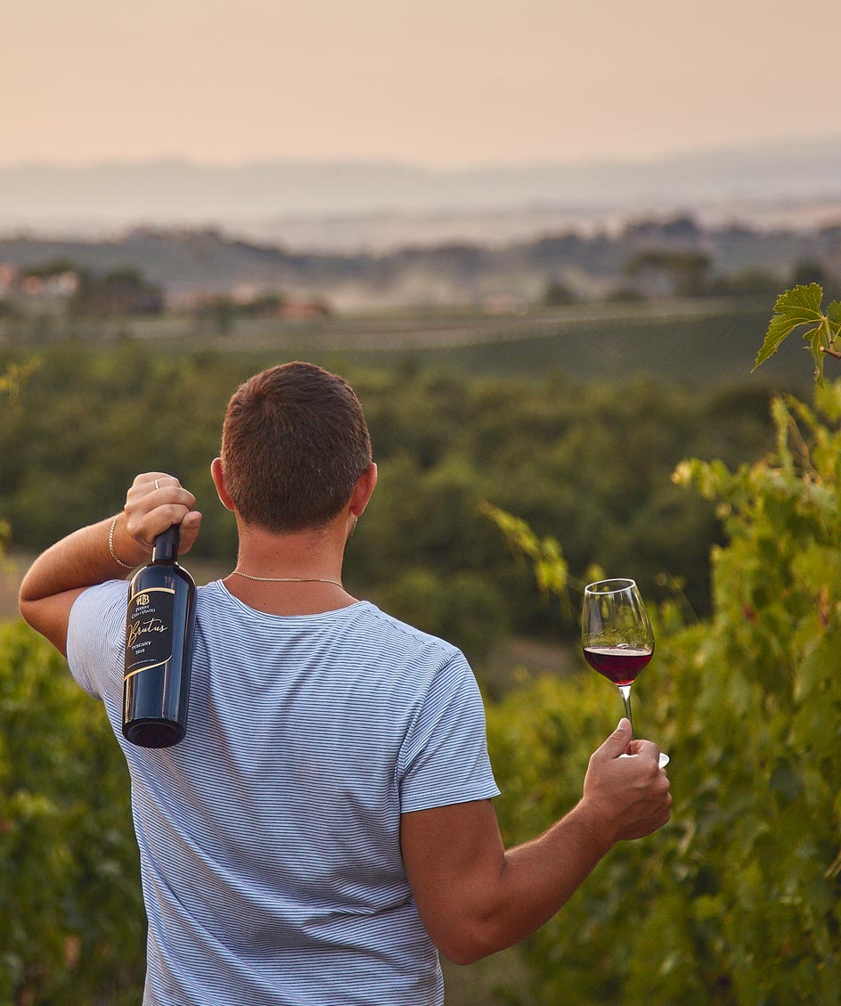 ragazzo in vigna con vino rosso